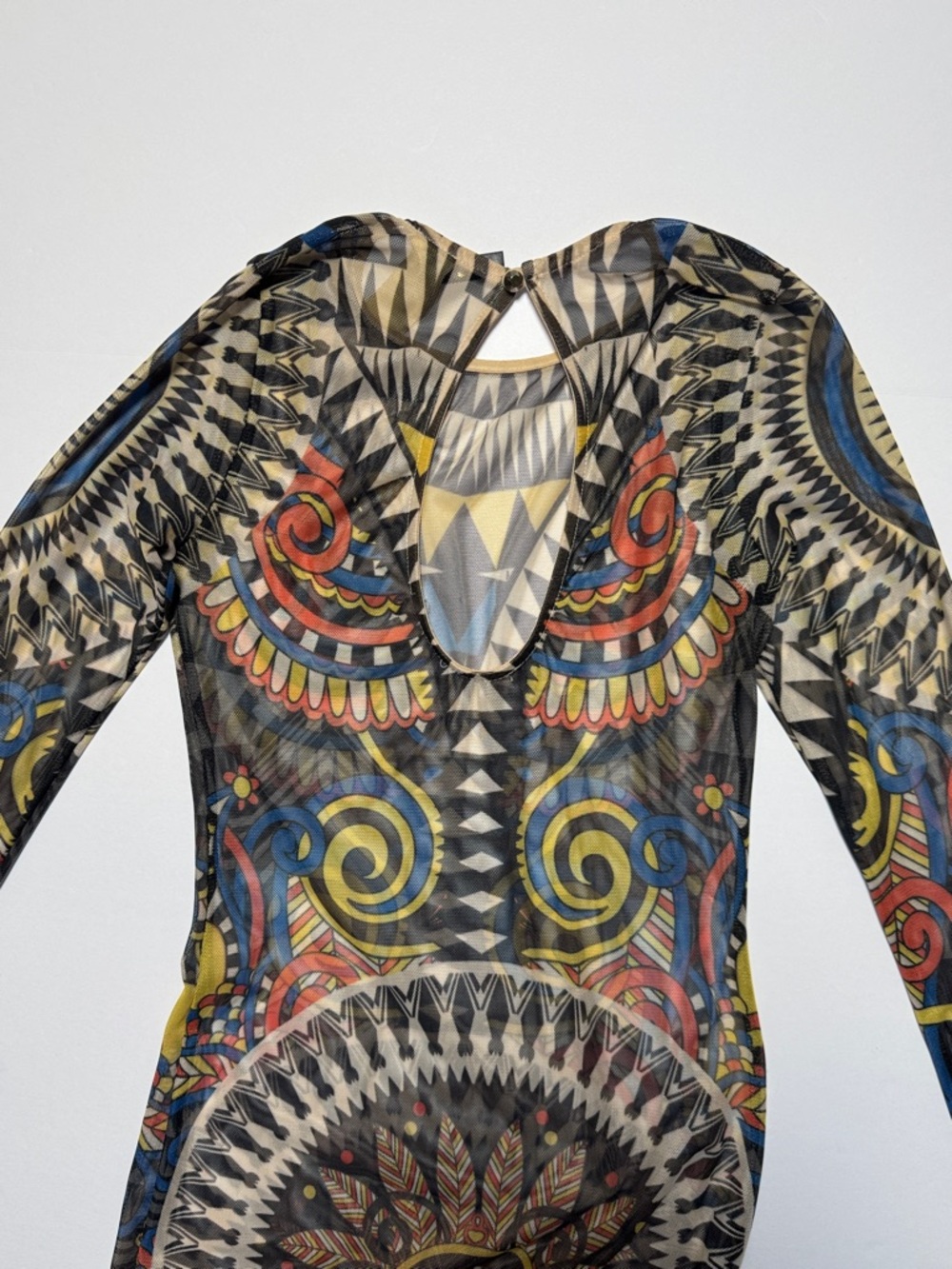 VINTAGE 90's Kaleidoscope Tribal Print Mesh Sheer Stretch Jumpsuit Cat Suit M - Picture 13 of 16